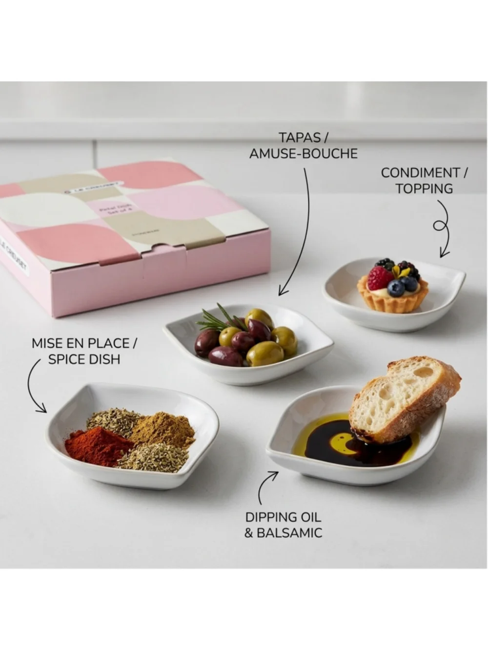 Le Creuset Stoneware Petal Dish Set of 4 White Dipping Sauce Spice Dishes NIB